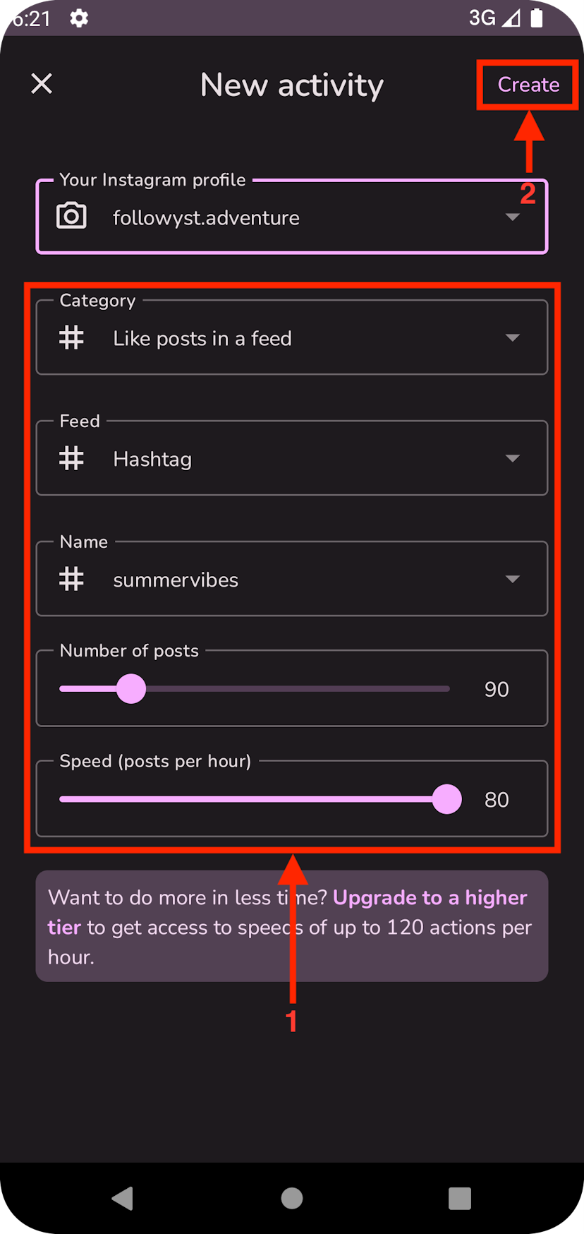 Screenshot of "Add activity" dialog right before tapping "Create"