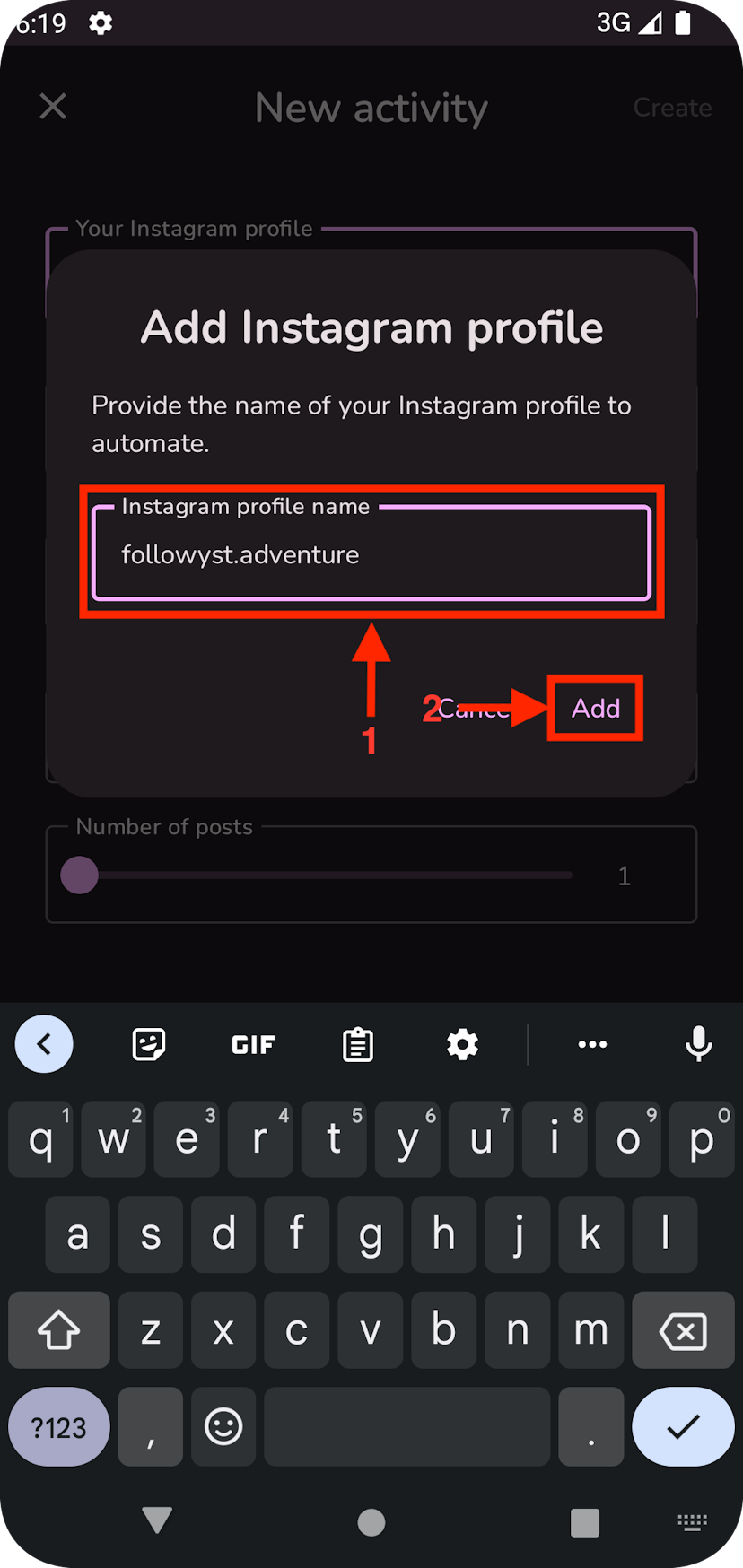 Screenshot of adding an Instagram profile in the "Add activity" dialog