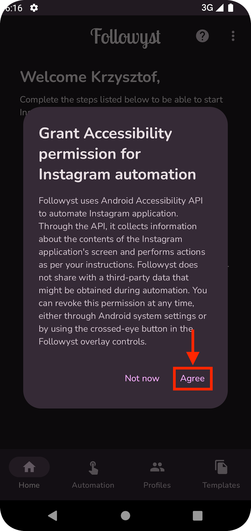Screenshot of Followyst's Android Accessibility API dialog