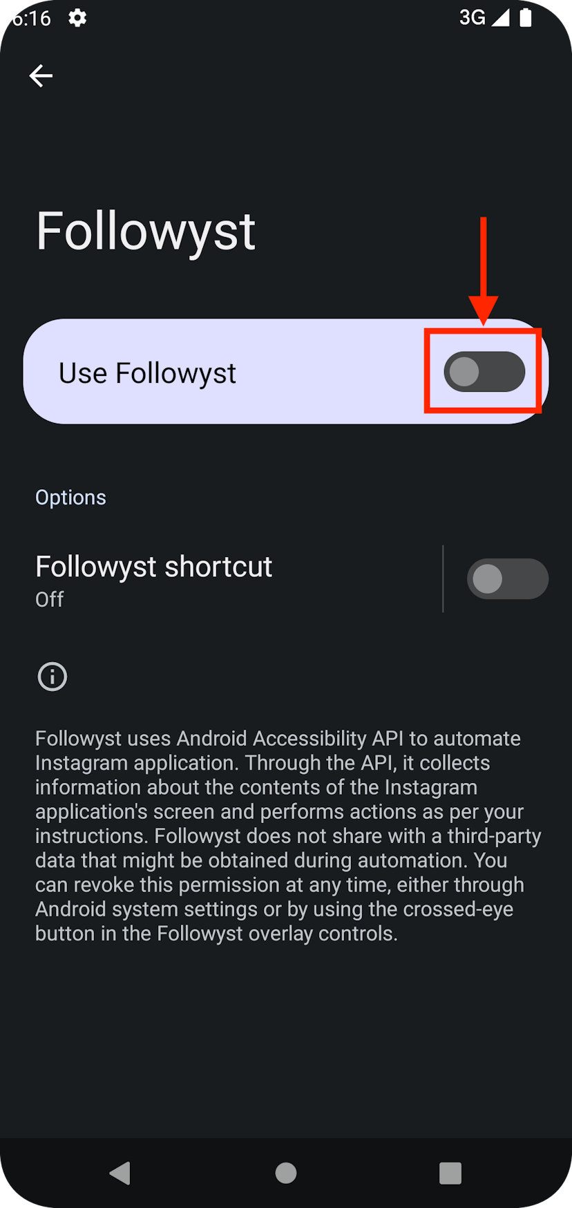 Screenshot of granting Followyst access to Android's Accessibility API